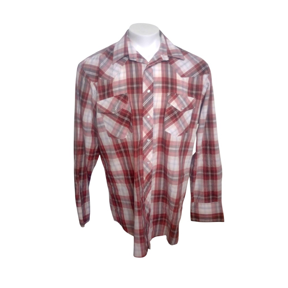 Roper Shirt Mens XL Red Brown Blue Plaid White Long Sleeve Western Pearl Snap